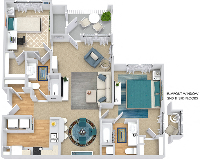 Floor plan for 2 beds, 2 baths, 1110 sqft